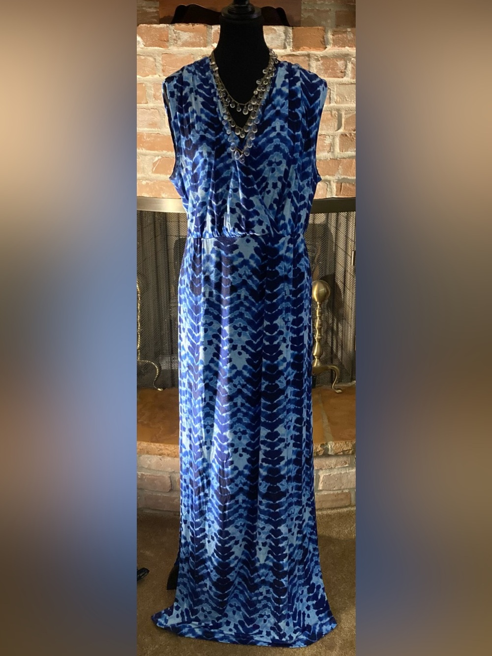 Colleen Lopez Blue And Navy Tie Dye Maxi Dress w/Necklace